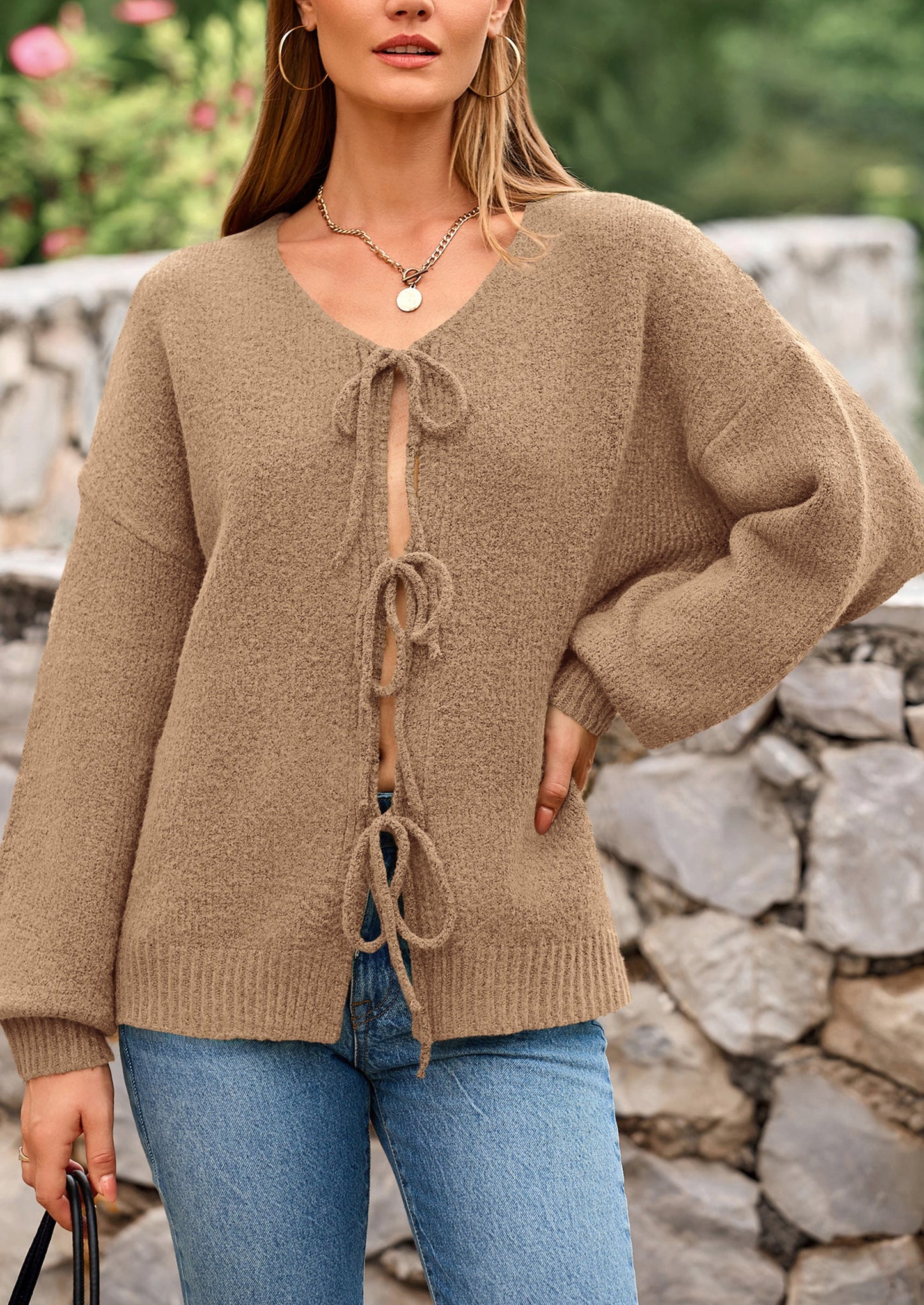 PRETTYGARDEN Women's Tie Front Bow Cardigan Sweaters Chunky Knit Long Puff Sleeve Trendy Fall Winter Jacket Coats