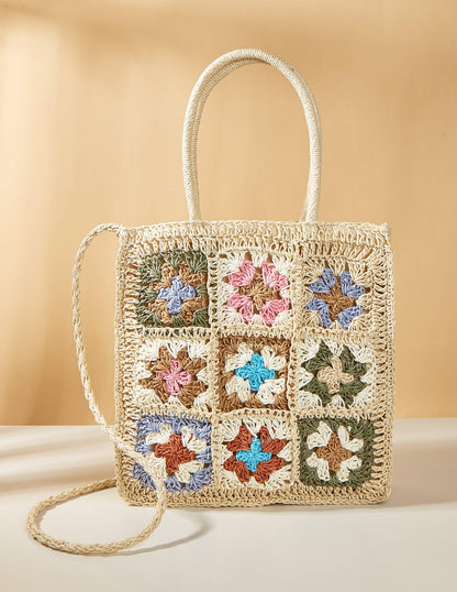 Coloured Flower Woven Straw Bag