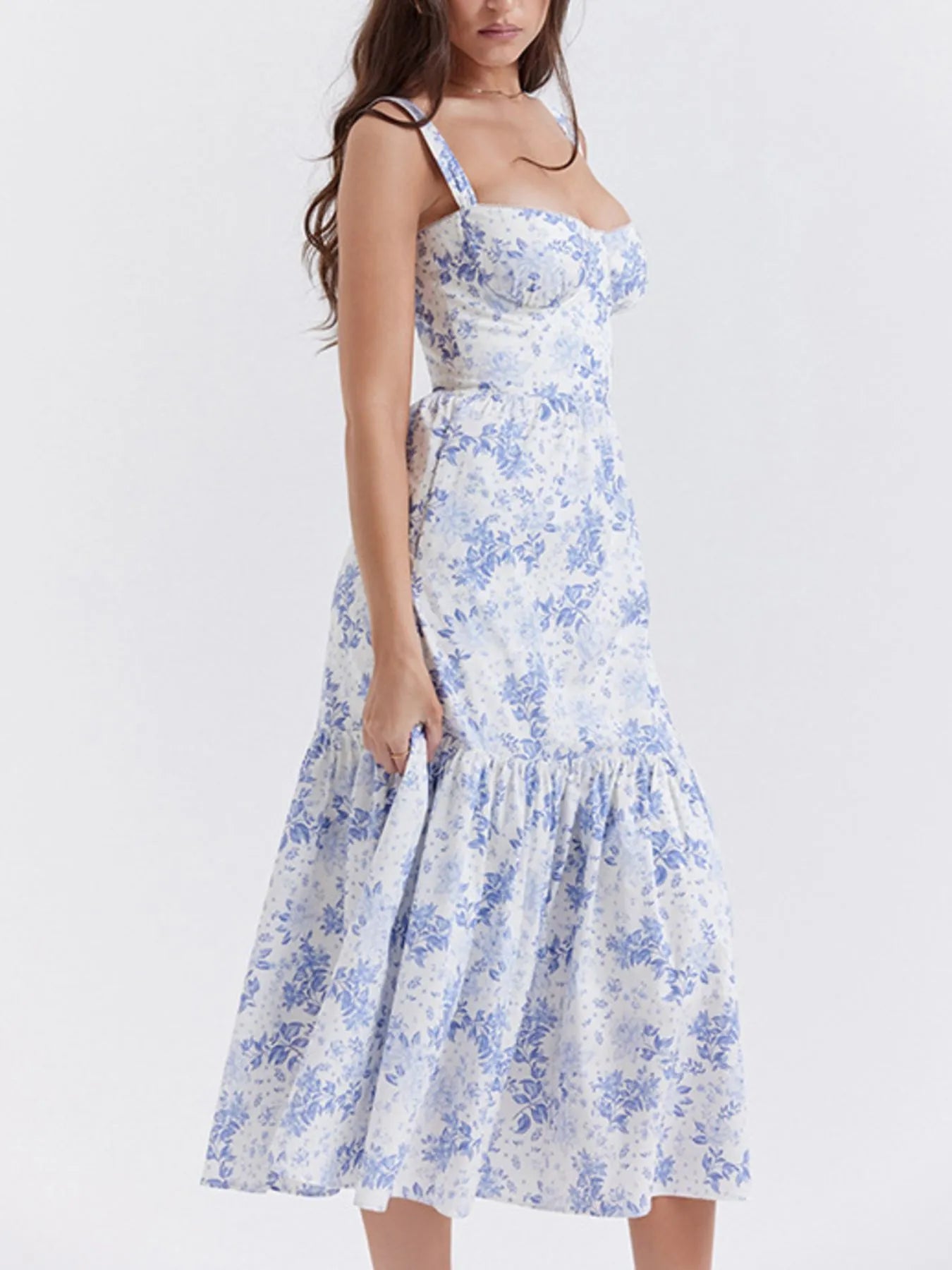 Floral Print Sweetheart Neck Midi Dress