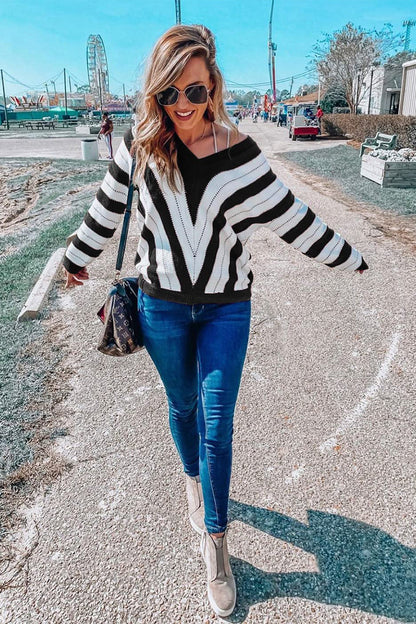 PRETTYGARDEN Women's Fashion Long Sleeve Striped Colour Block Knitted Sweater Crew Neck Loose Pullover Jumper Tops