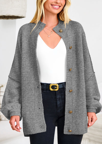 PRETTYGARDEN Women's Winter Button Down Cardigan Sweaters Mock Neck Lantern Long Sleeve Chunky Knit Jacket Trendy Outerwear