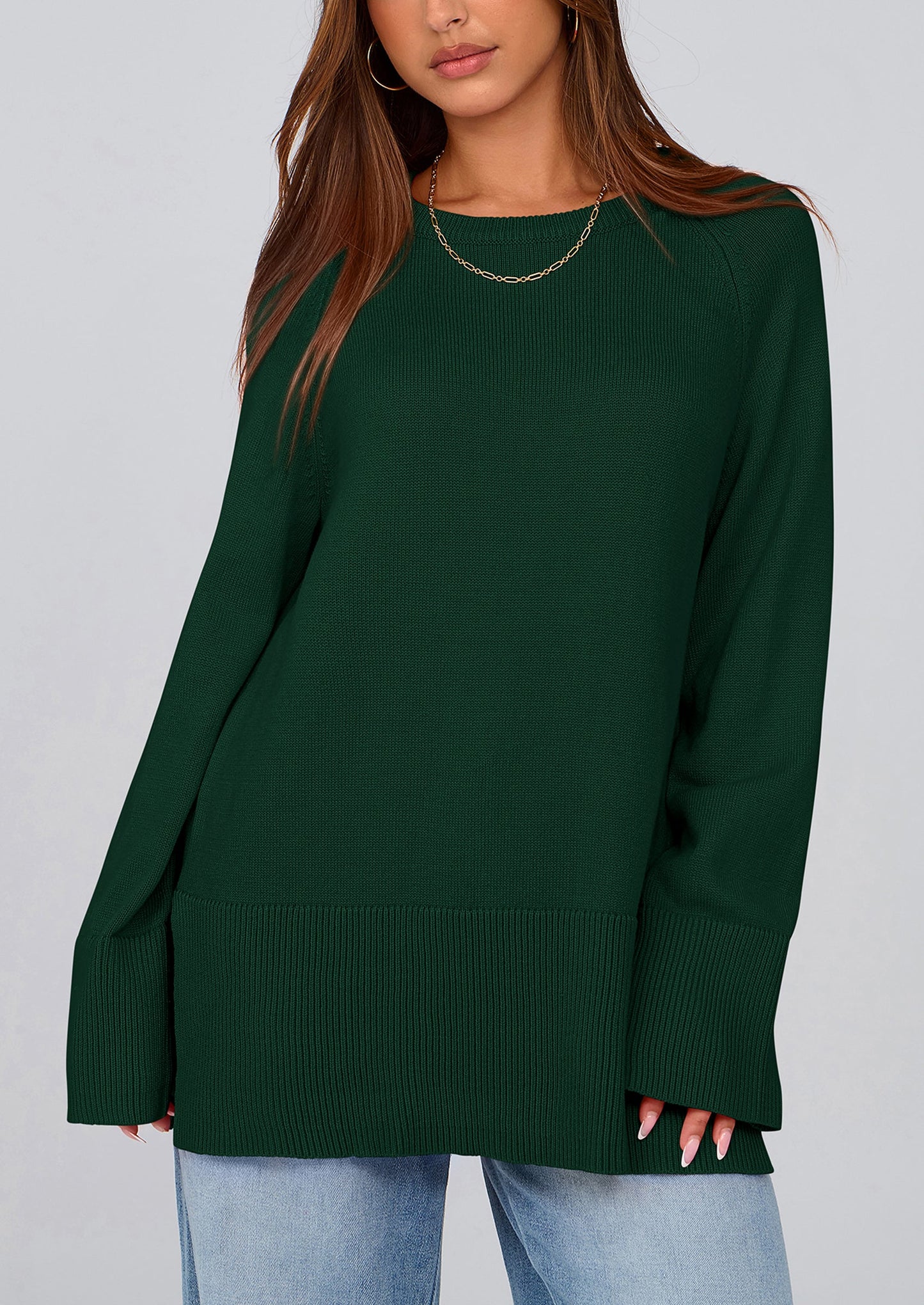 PRETTYGARDEN Women's Knit Fall Sweaters Long Sleeve Pullover Crewneck Split Hem Oversized Tunic Sweater Tops Winter Clothing