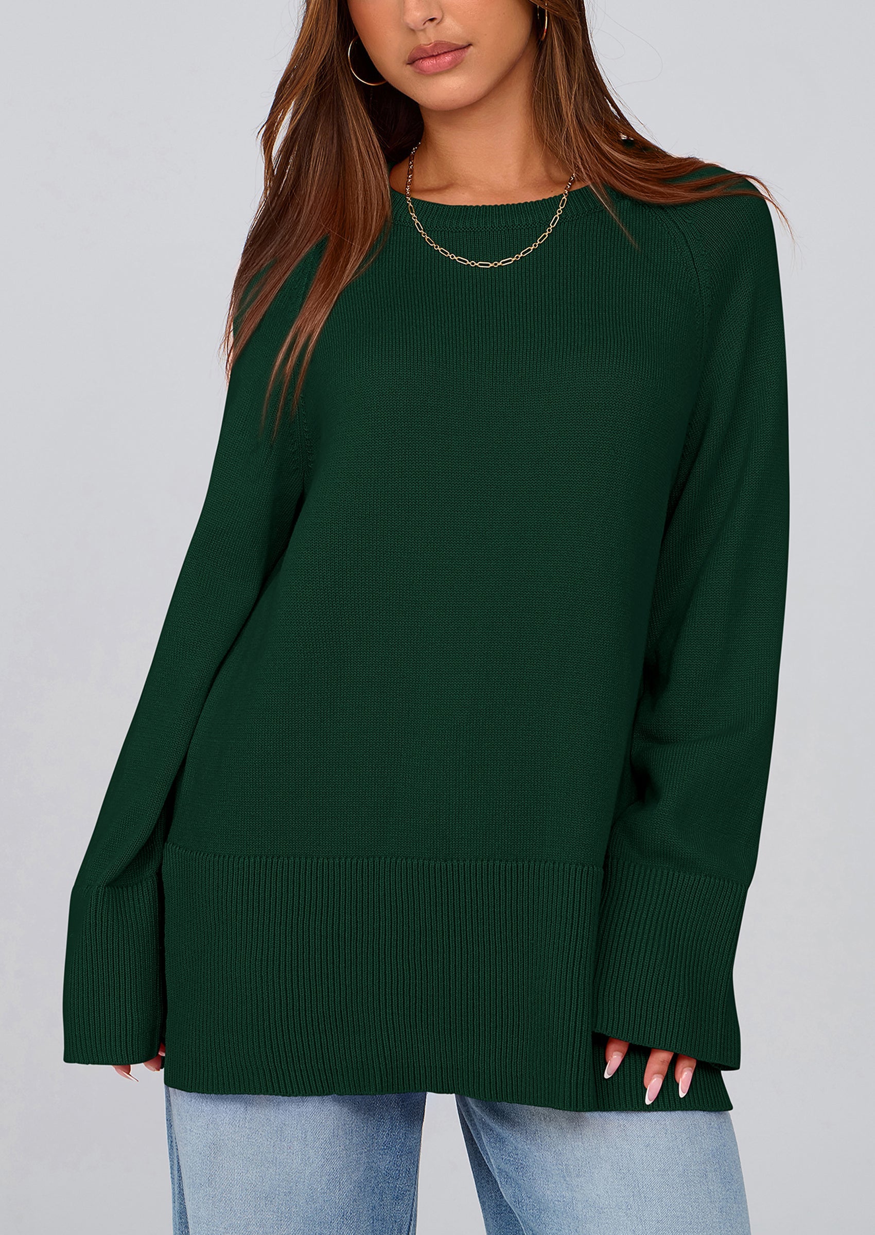 PRETTYGARDEN Women's Knit Fall Sweaters Long Sleeve Pullover Crewneck Split Hem Oversized Tunic Sweater Tops Winter Clothing
