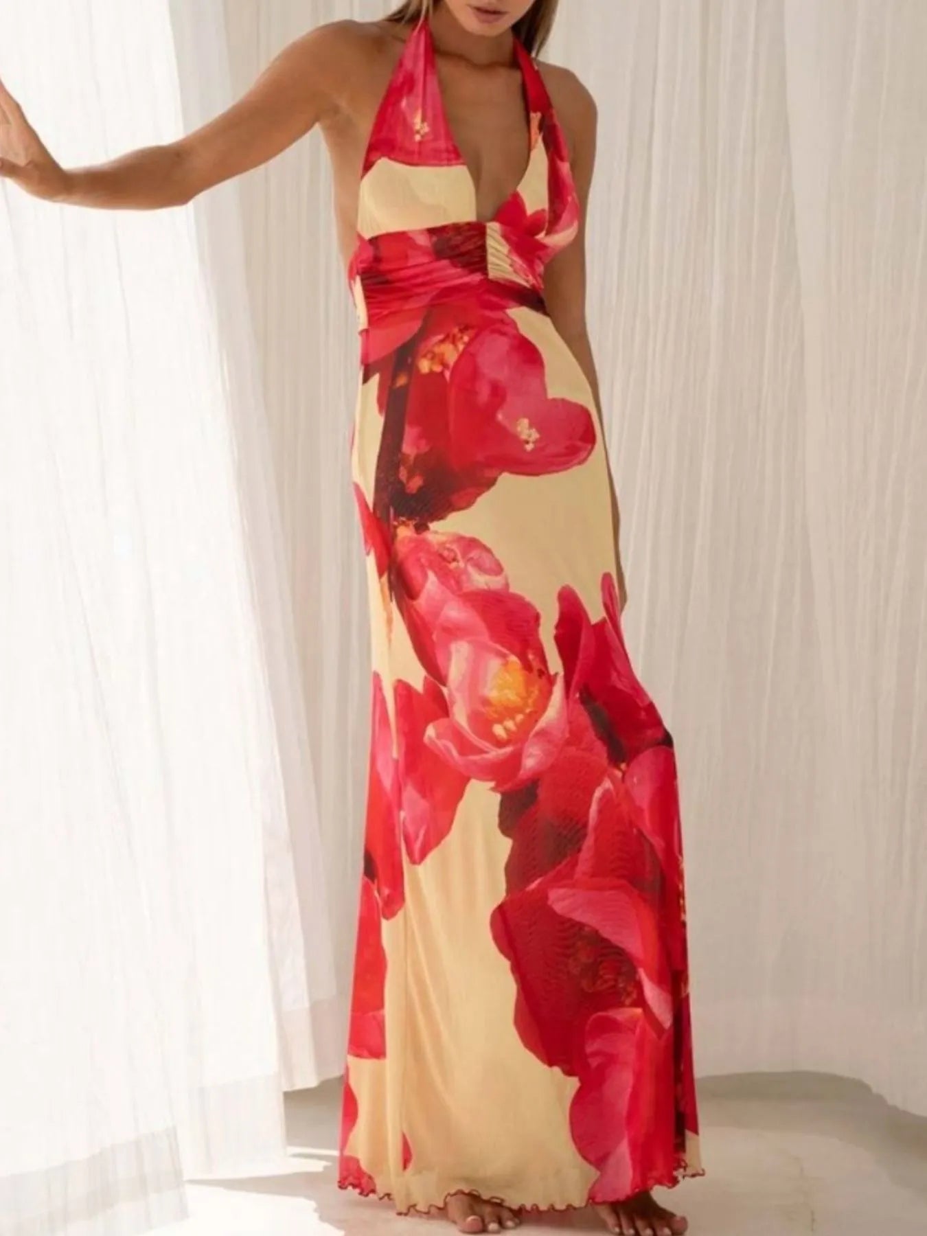 Lucy Floral Halter Neck Deep V Maxi Dress