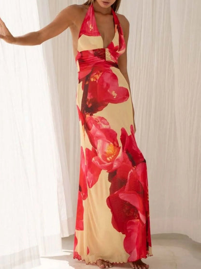 Lucy Floral Halter Neck Deep V Maxi Dress