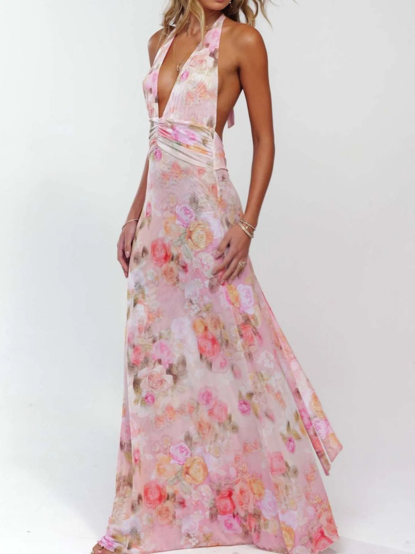 Lucy Floral Halter Neck Deep V Maxi Dress