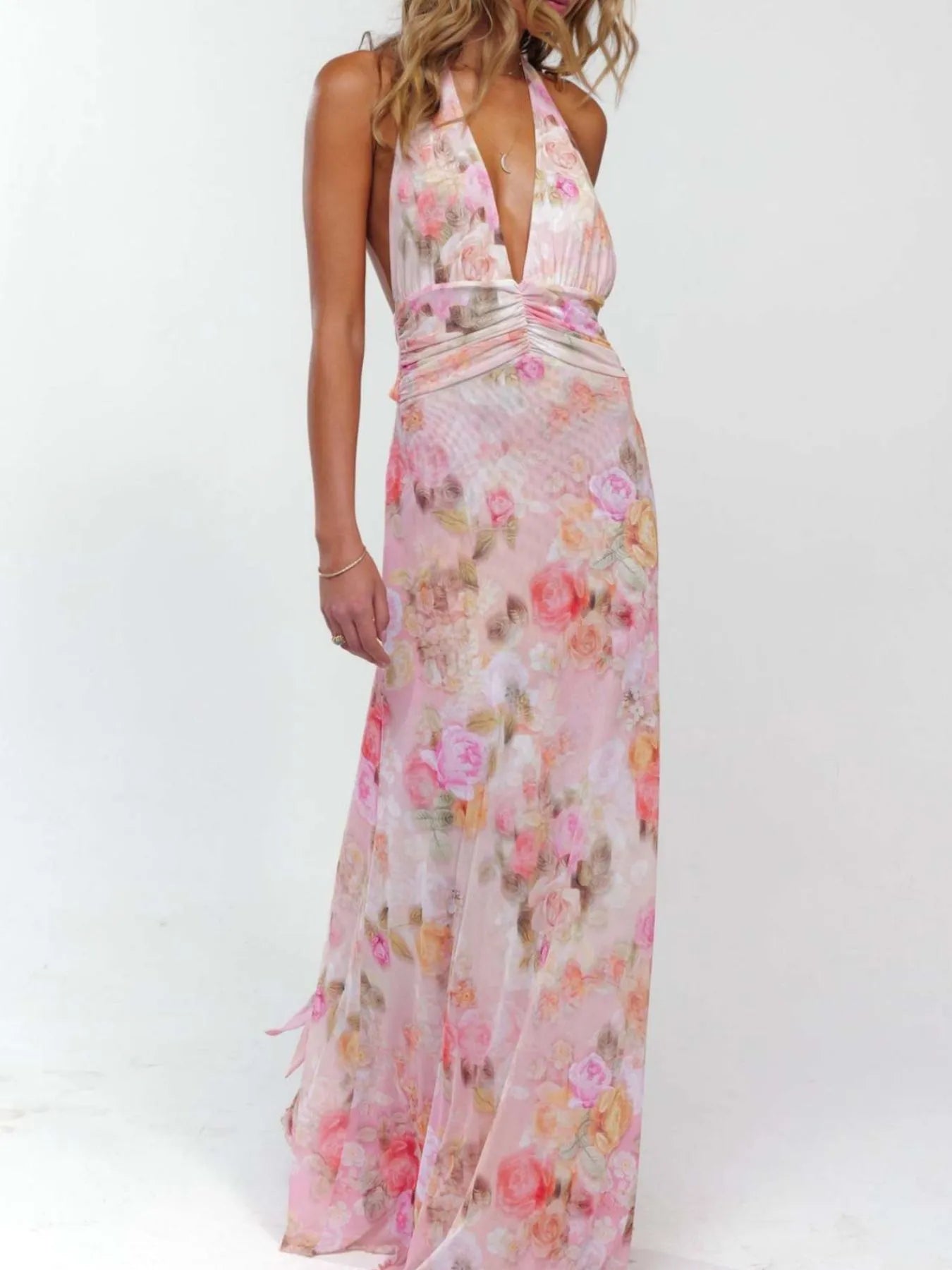 Lucy Floral Halter Neck Deep V Maxi Dress