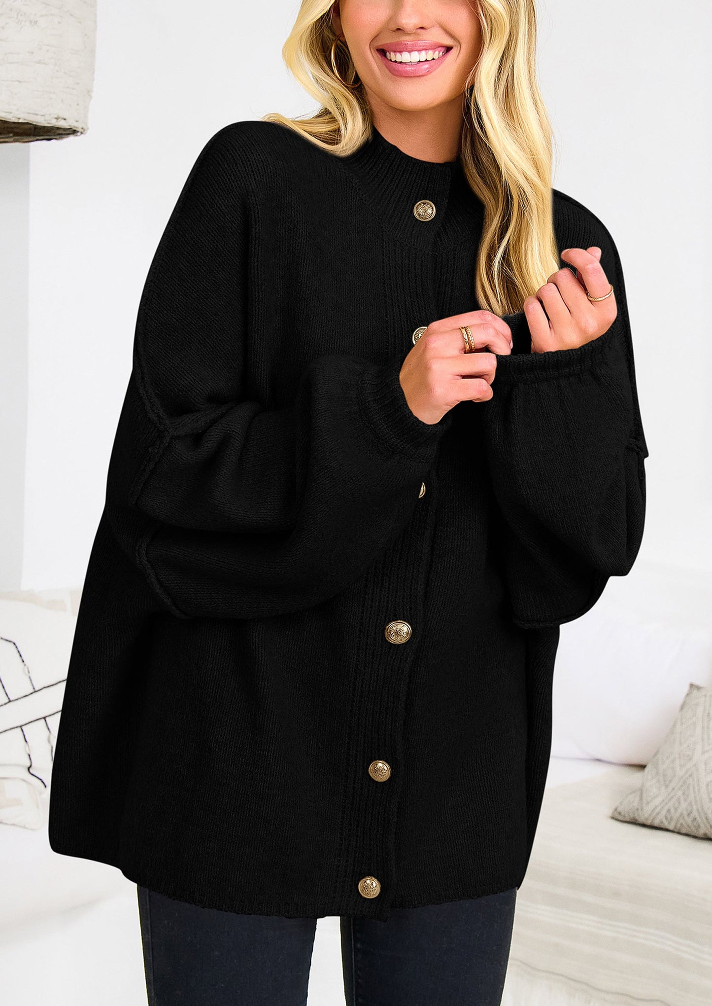 PRETTYGARDEN Women's Winter Button Down Cardigan Sweaters Mock Neck Lantern Long Sleeve Chunky Knit Jacket Trendy Outerwear