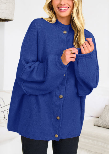 PRETTYGARDEN Women's Winter Button Down Cardigan Sweaters Mock Neck Lantern Long Sleeve Chunky Knit Jacket Trendy Outerwear