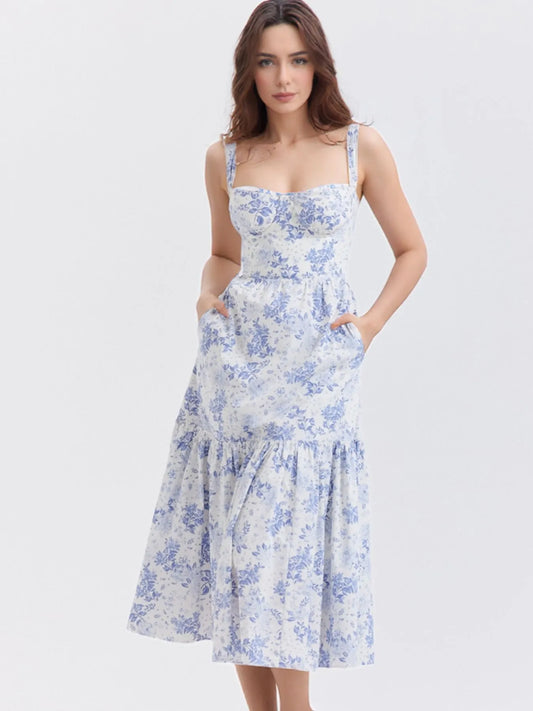 Floral Print Sweetheart Neck Midi Dress