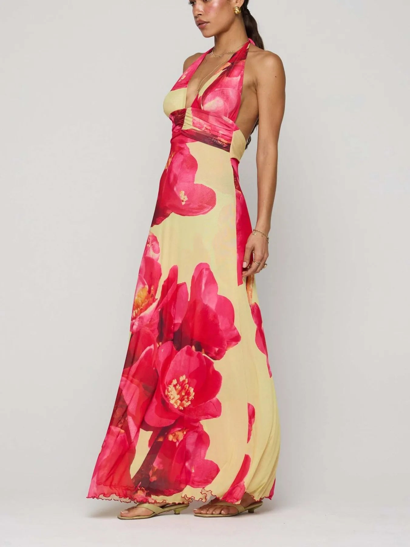 Lucy Floral Halter Neck Deep V Maxi Dress