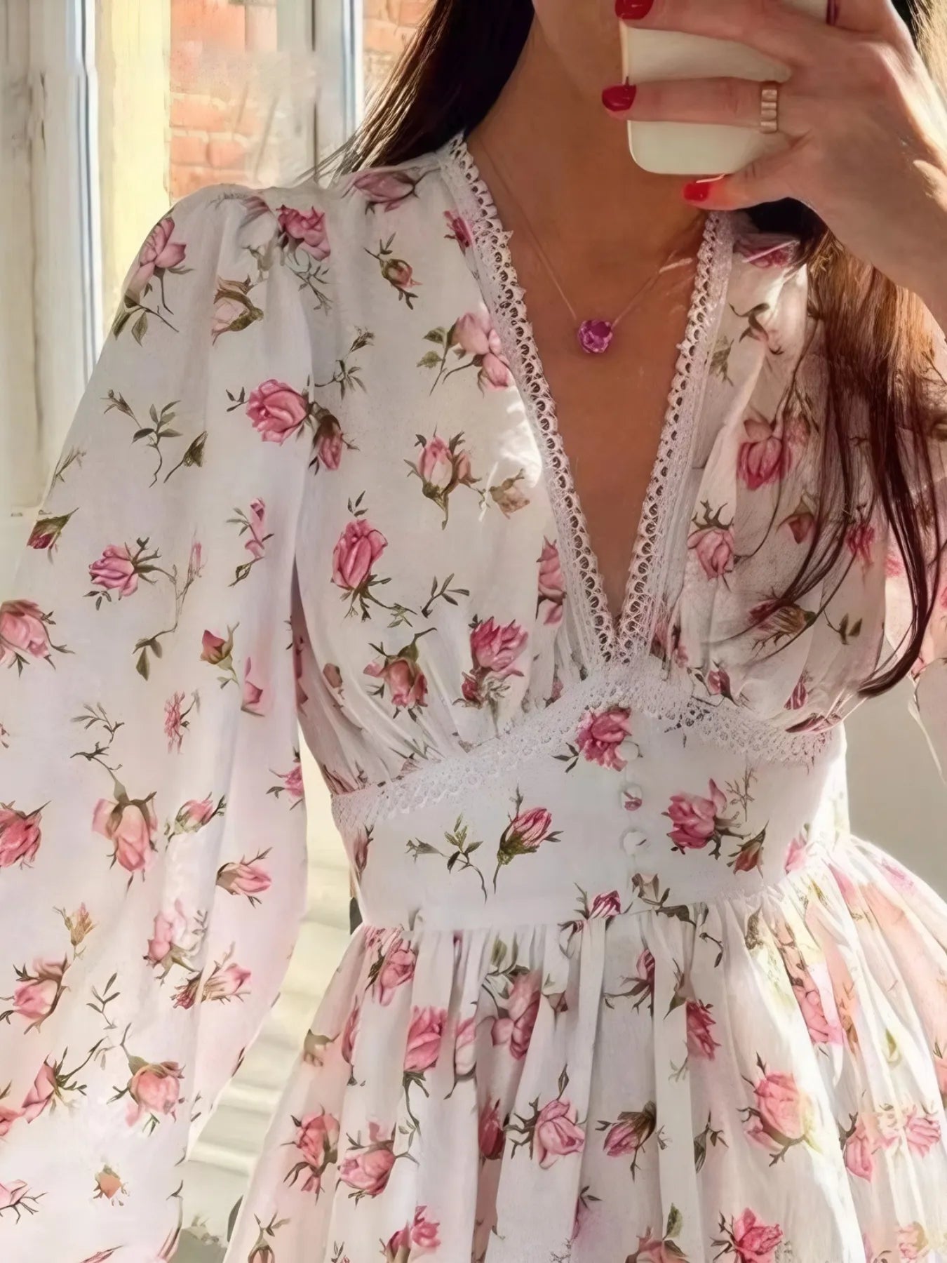 Floral Print Lace Detail V-Neck Mini Dress