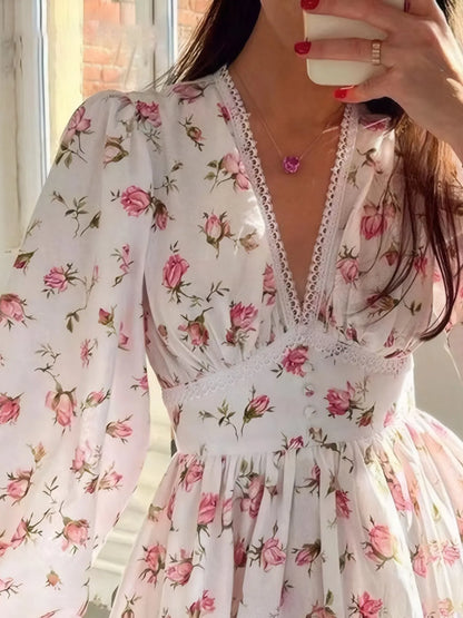 Floral Print Lace Detail V-Neck Mini Dress