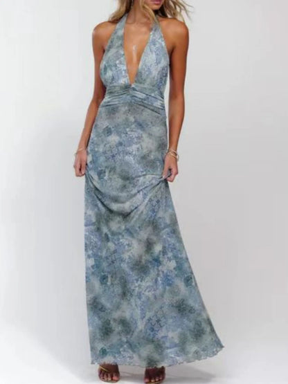 Lucy Floral Halter Neck Deep V Maxi Dress