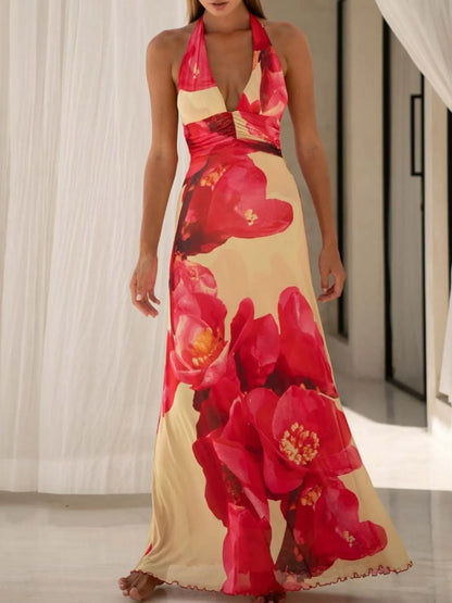 Lucy Floral Halter Neck Deep V Maxi Dress