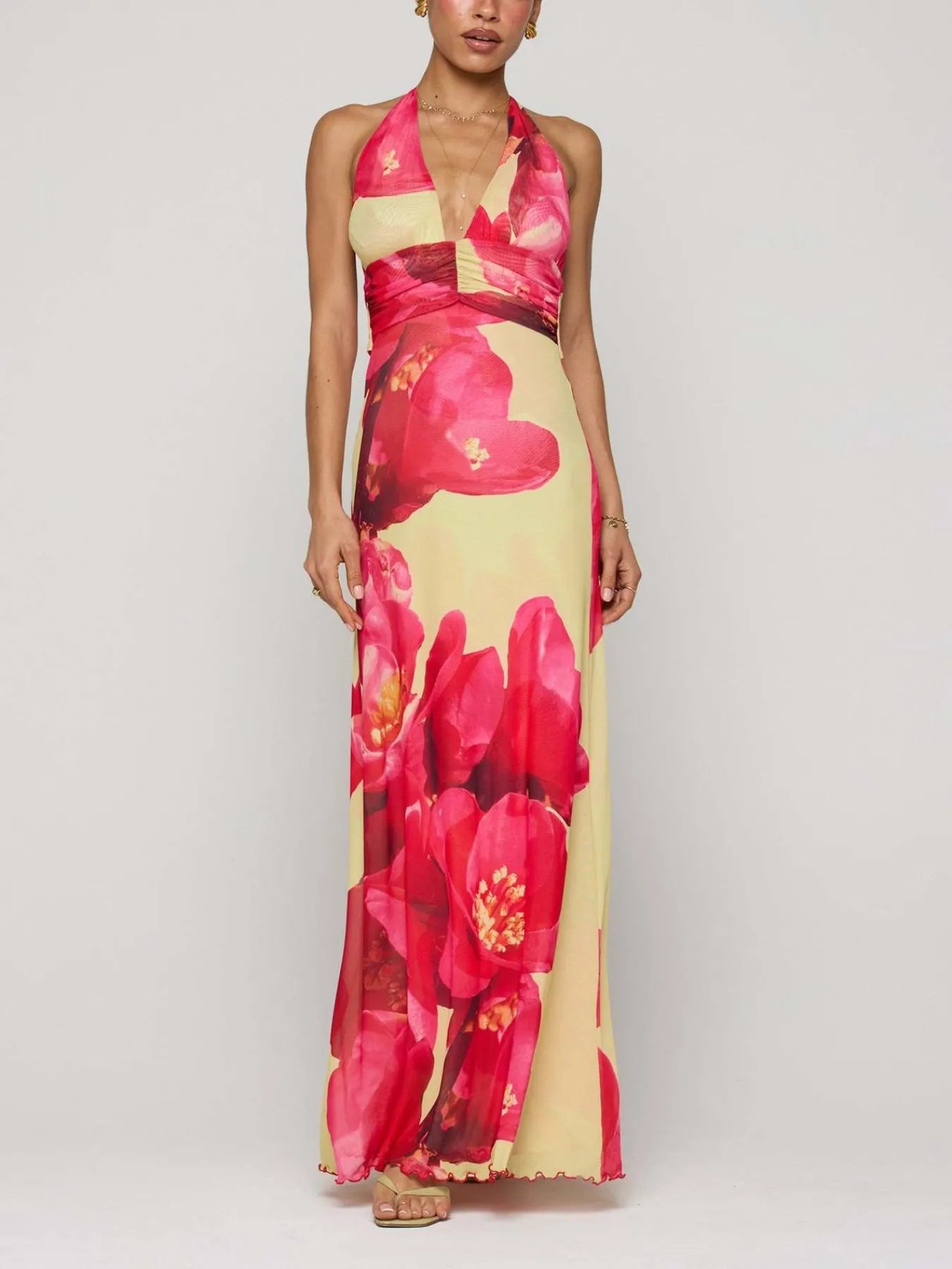 Lucy Floral Halter Neck Deep V Maxi Dress