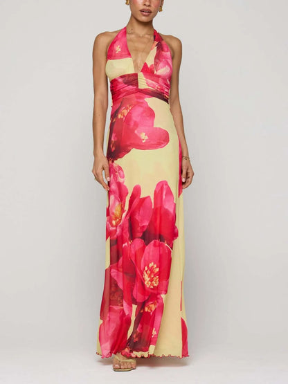Lucy Floral Halter Neck Deep V Maxi Dress