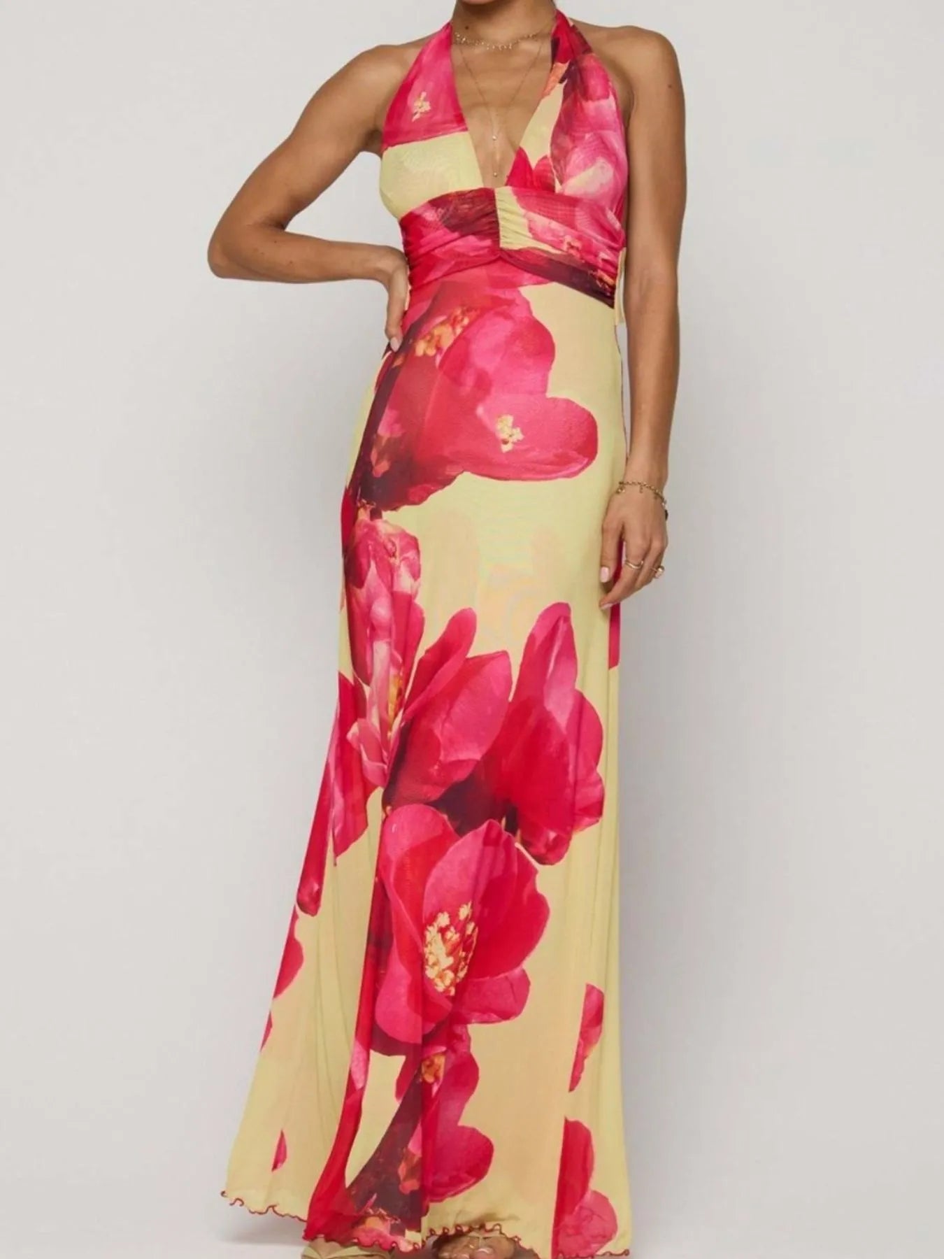 Lucy Floral Halter Neck Deep V Maxi Dress