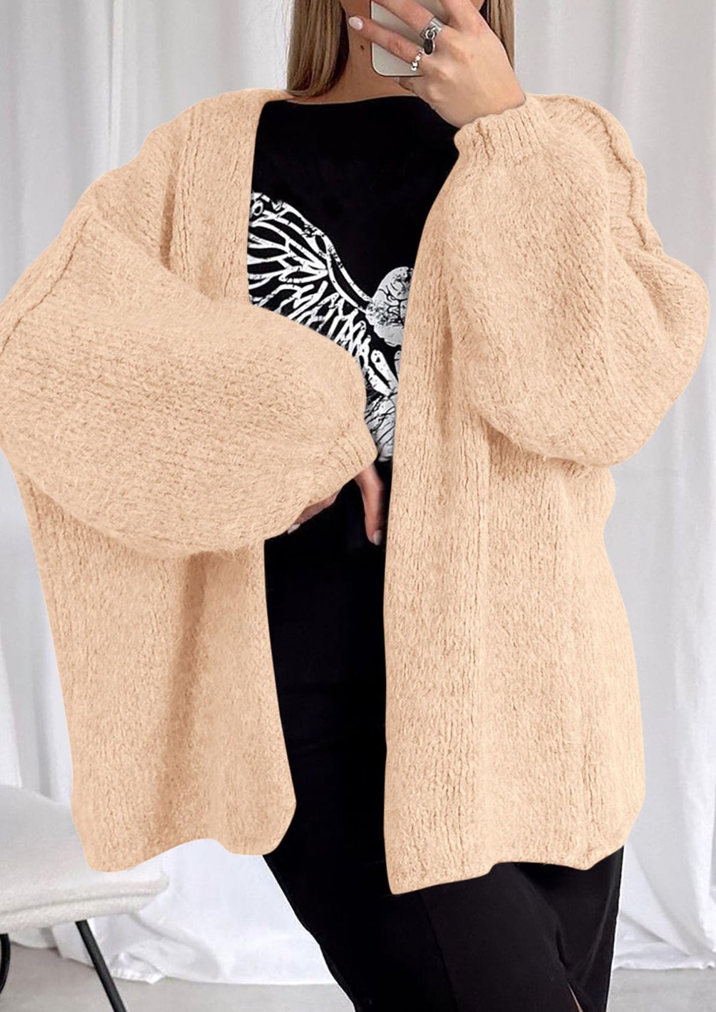 PRETTYGARDEN Womens Oversized Cardigan Sweaters Fall Long Lantern Sleeve Knit Open Front Lightweight Sweater