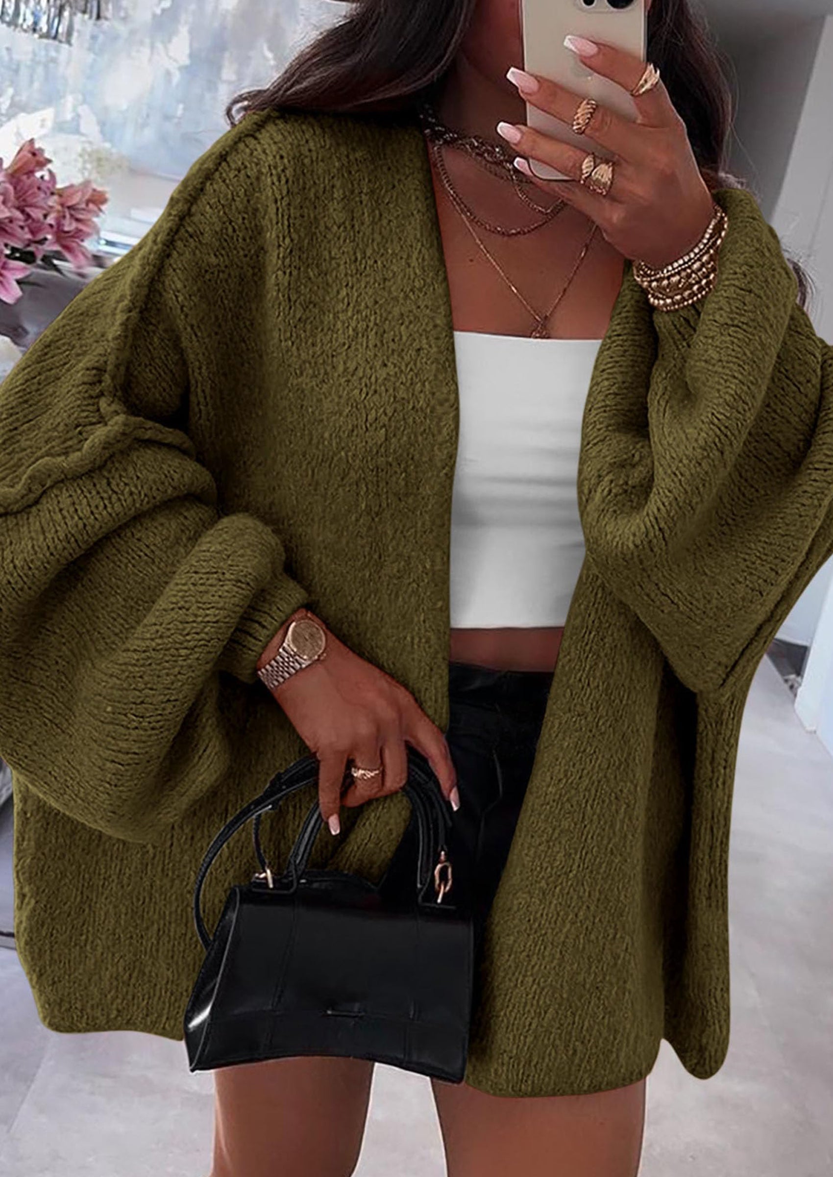PRETTYGARDEN Womens Oversized Cardigan Sweaters Fall Long Lantern Sleeve Knit Open Front Lightweight Sweater
