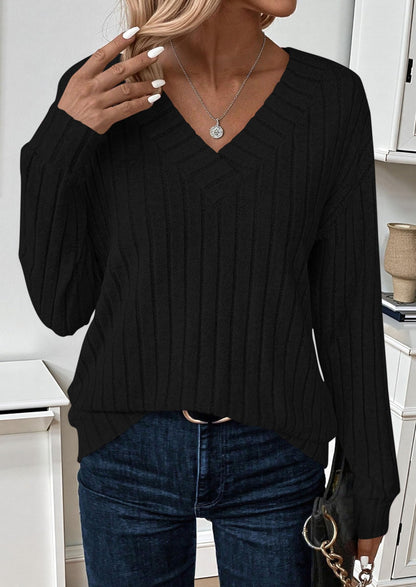 PRETTYGARDEN Fall Fashion Long Sleeve Shirts for Women Ribbed Knit V Neck Dressy Casual Lightweight Sweaters Tunic Tops