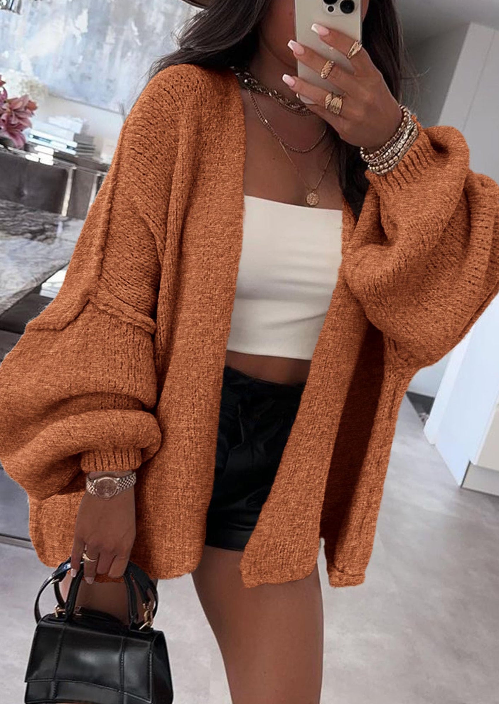 PRETTYGARDEN Womens Oversized Cardigan Sweaters Fall Long Lantern Sleeve Knit Open Front Lightweight Sweater