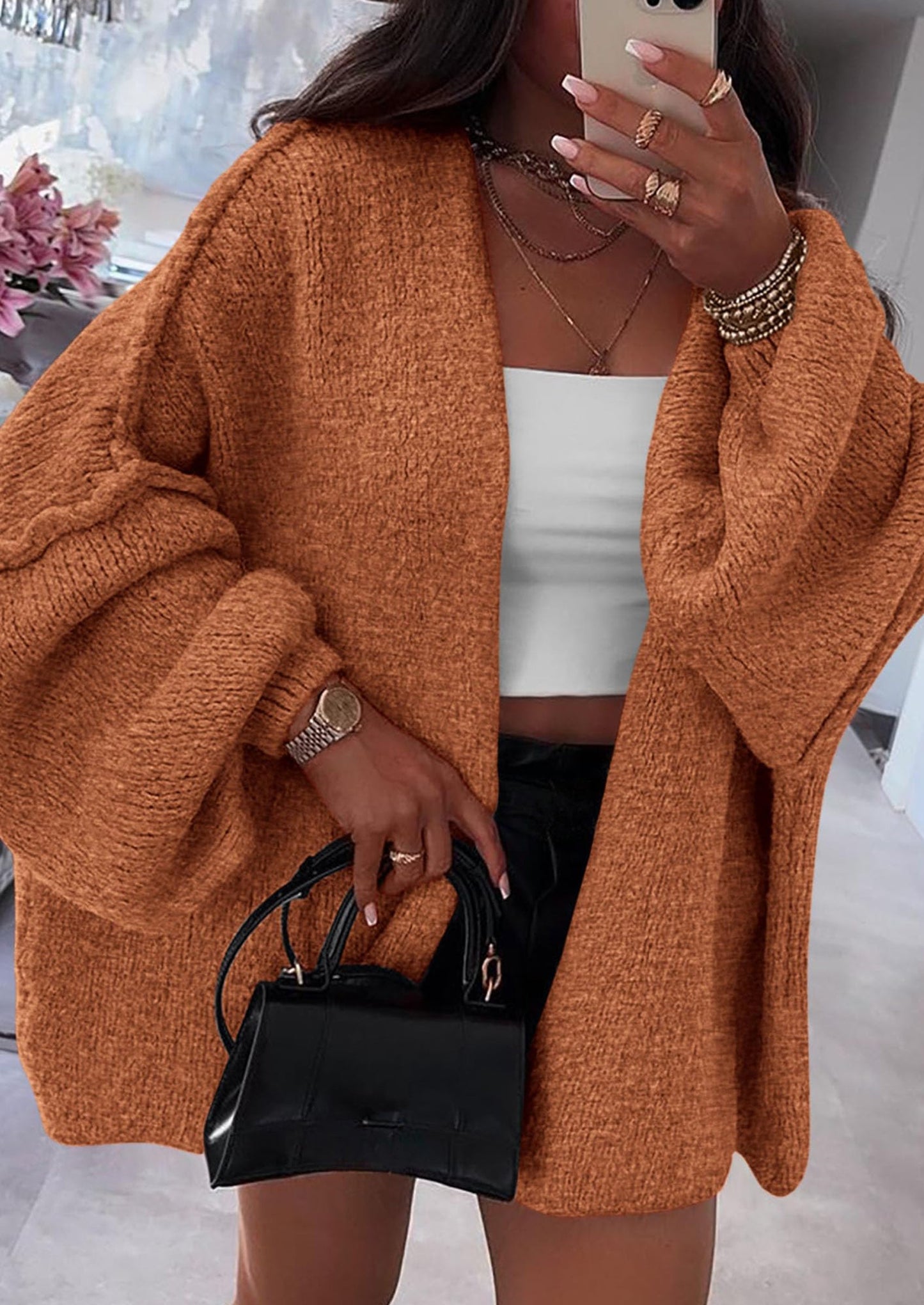 PRETTYGARDEN Womens Oversized Cardigan Sweaters Fall Long Lantern Sleeve Knit Open Front Lightweight Sweater