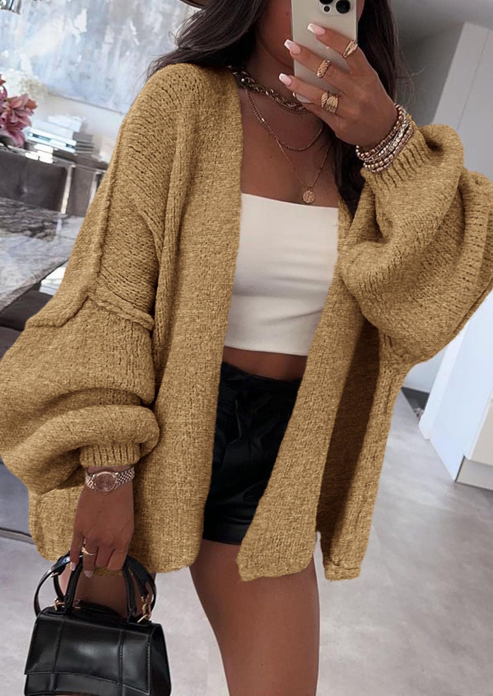 PRETTYGARDEN Womens Oversized Cardigan Sweaters Fall Long Lantern Sleeve Knit Open Front Lightweight Sweater