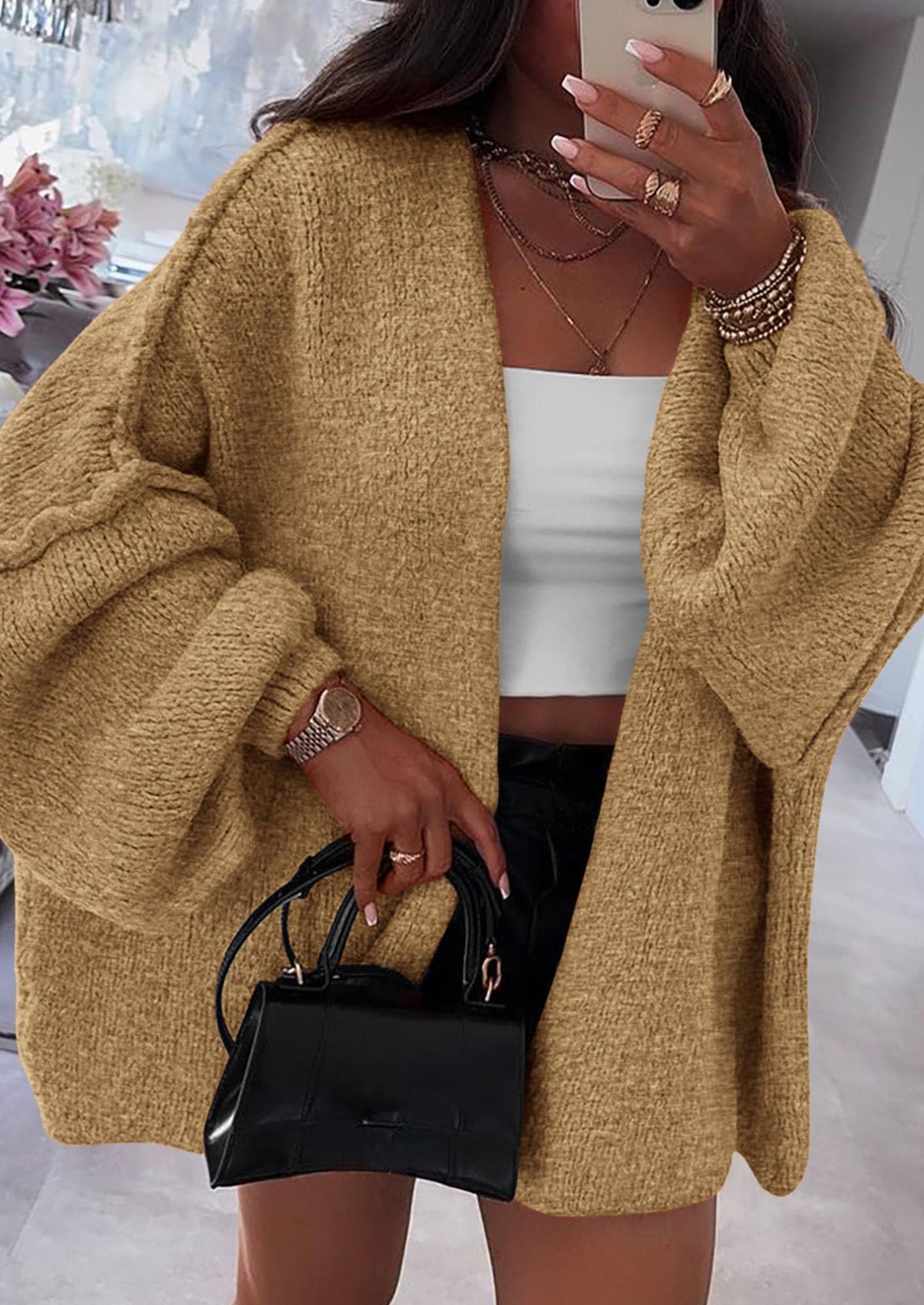 PRETTYGARDEN Womens Oversized Cardigan Sweaters Fall Long Lantern Sleeve Knit Open Front Lightweight Sweater
