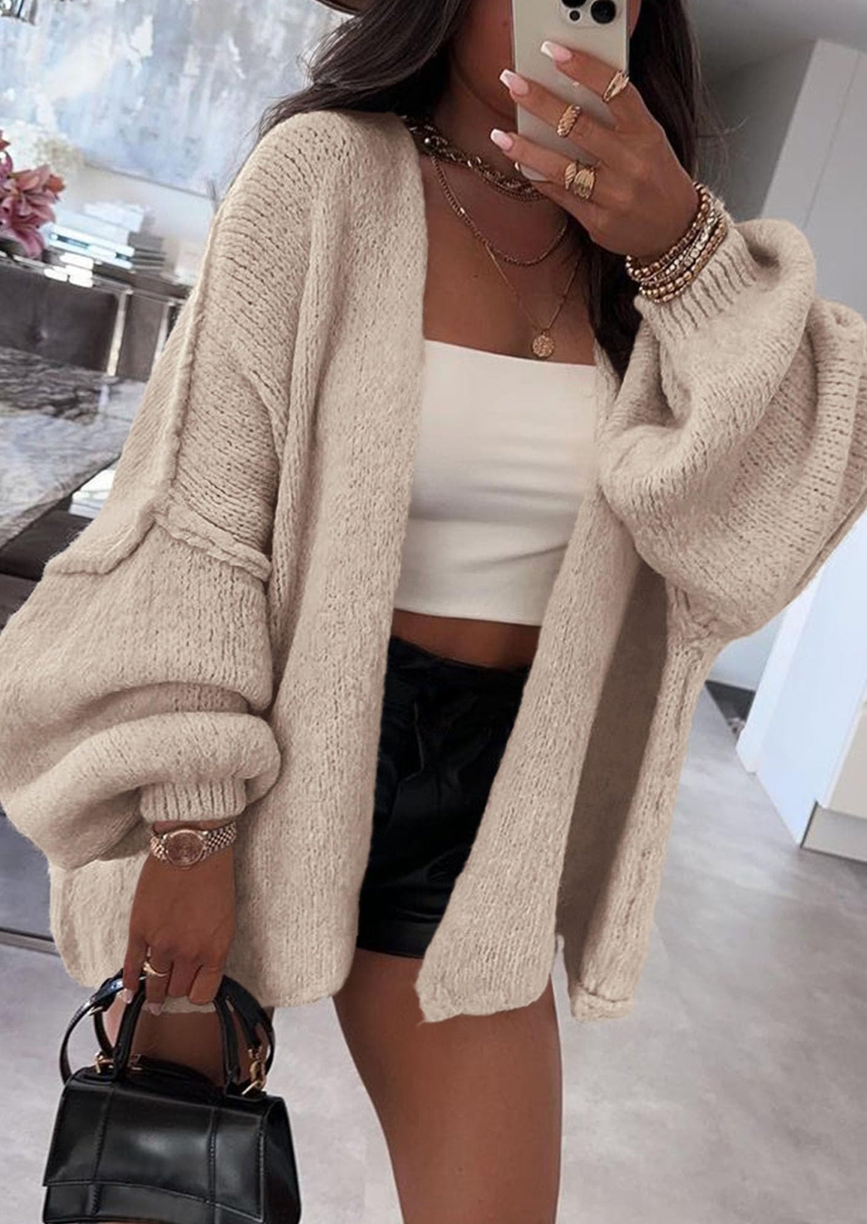 PRETTYGARDEN Womens Oversized Cardigan Sweaters Fall Long Lantern Sleeve Knit Open Front Lightweight Sweater