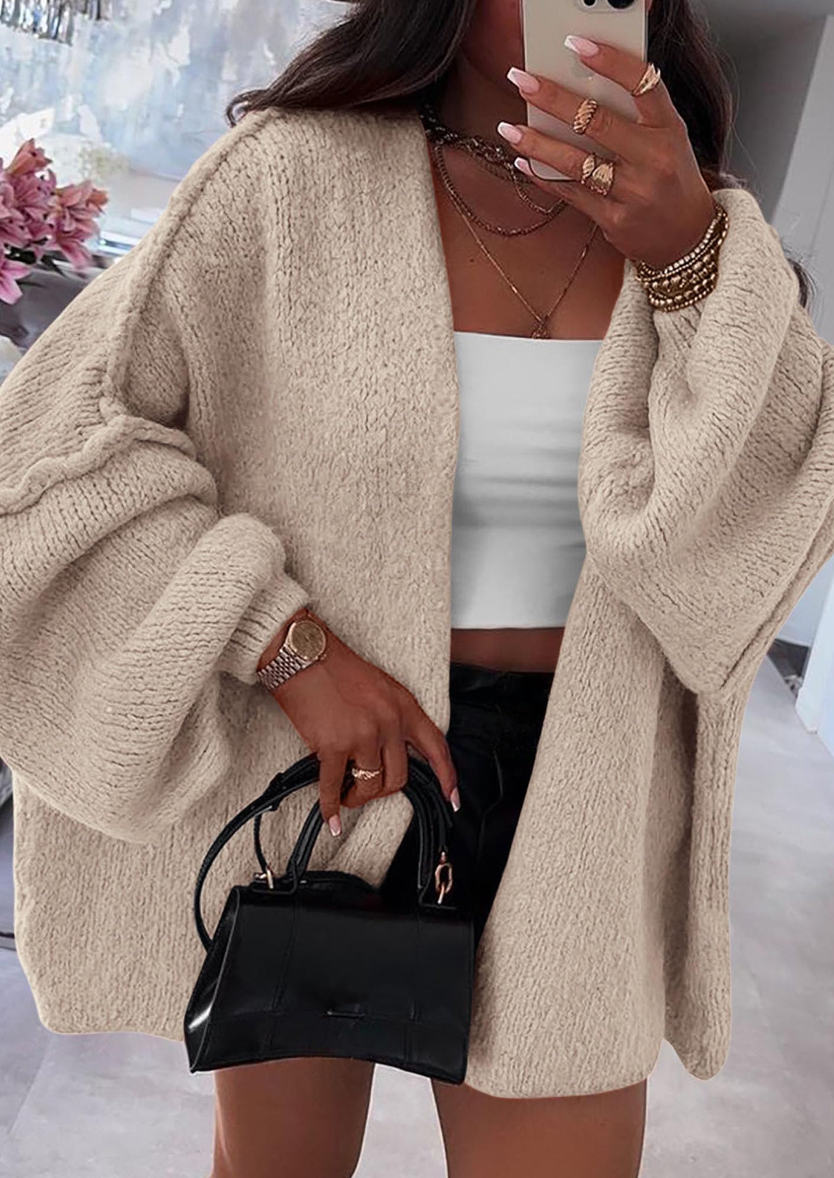 PRETTYGARDEN Womens Oversized Cardigan Sweaters Fall Long Lantern Sleeve Knit Open Front Lightweight Sweater
