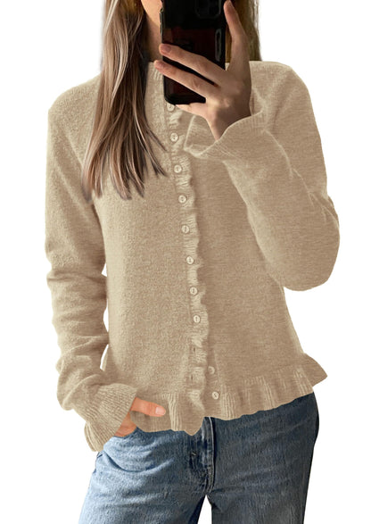 PRETTYGARDEN Womens Fall Button Down Cardigans Chunky Knit Ruffle Open Front Cropped Cardigan Sweaters Soft Long Sleeve Tops