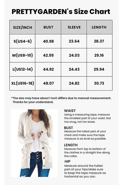 PRETTYGARDEN Women's Open Front Cardigan Sweaters Fall Fashion Button Down Cable Knit Chunky Winter Outerwear Coats