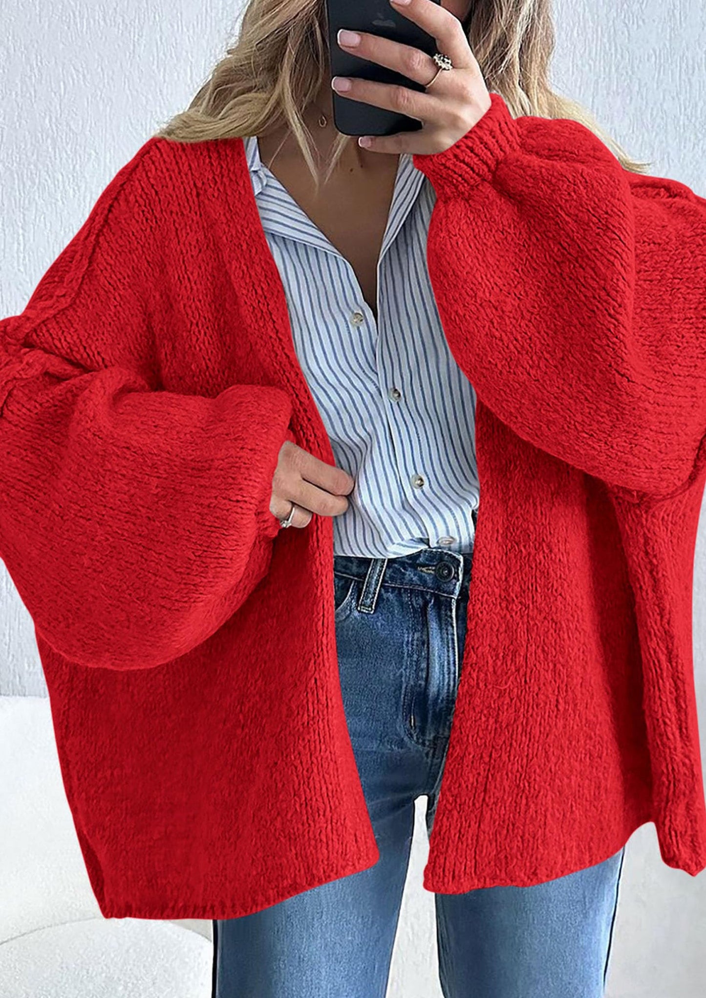 PRETTYGARDEN Womens Oversized Cardigan Sweaters Fall Long Lantern Sleeve Knit Open Front Lightweight Sweater