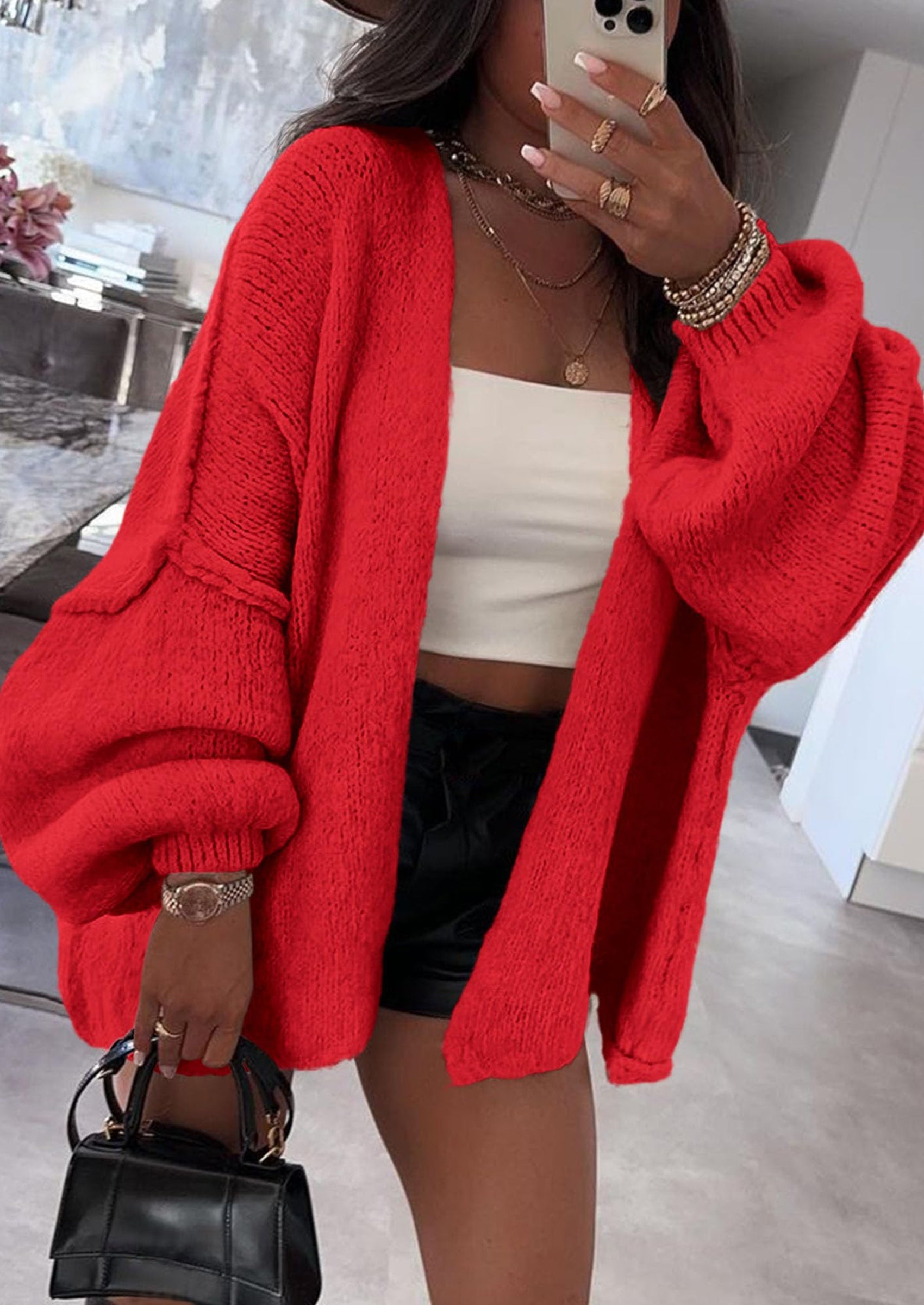 PRETTYGARDEN Womens Oversized Cardigan Sweaters Fall Long Lantern Sleeve Knit Open Front Lightweight Sweater