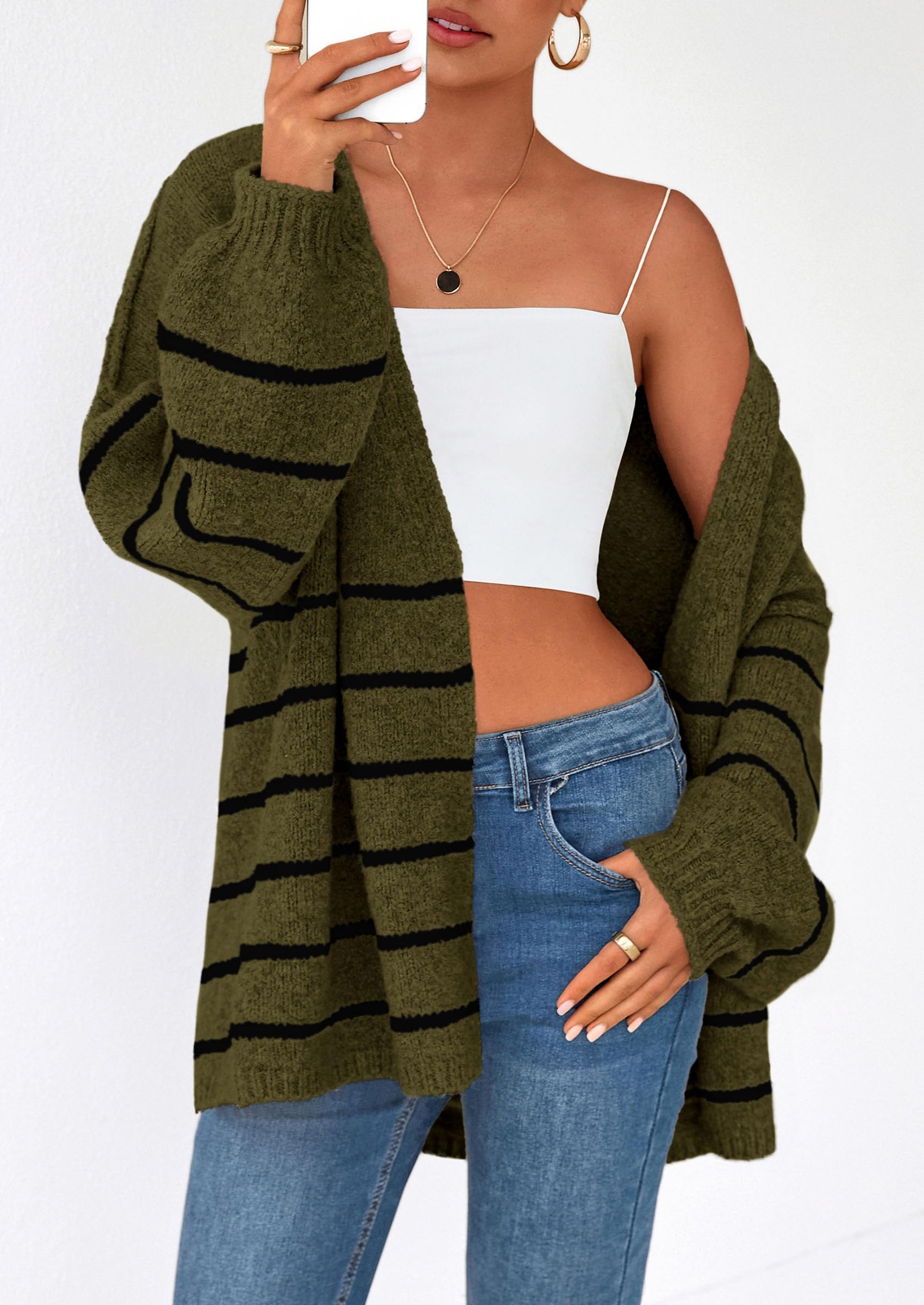PRETTYGARDEN Womens Oversized Cardigan Sweaters Fall Long Lantern Sleeve Knit Open Front Lightweight Sweater