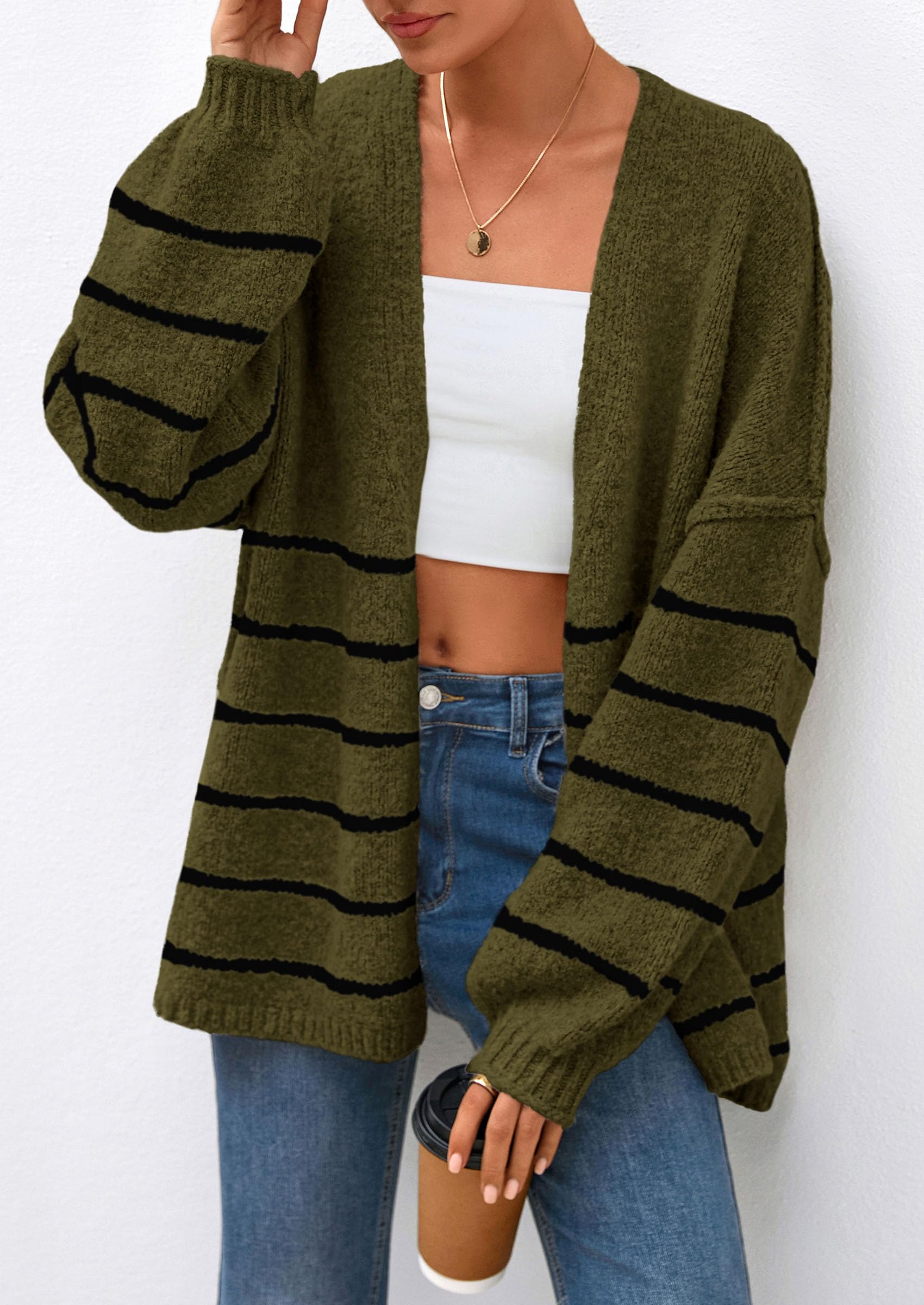PRETTYGARDEN Womens Oversized Cardigan Sweaters Fall Long Lantern Sleeve Knit Open Front Lightweight Sweater