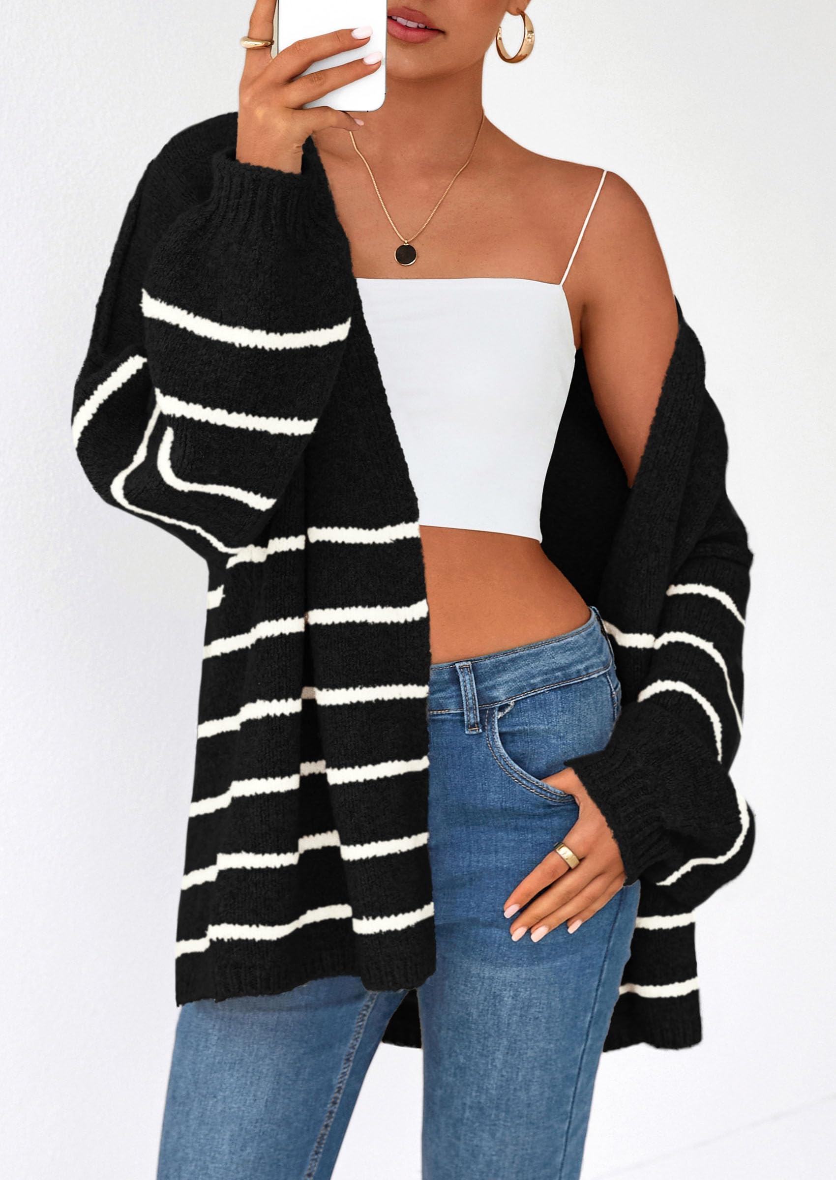 PRETTYGARDEN Womens Oversized Cardigan Sweaters Fall Long Lantern Sleeve Knit Open Front Lightweight Sweater