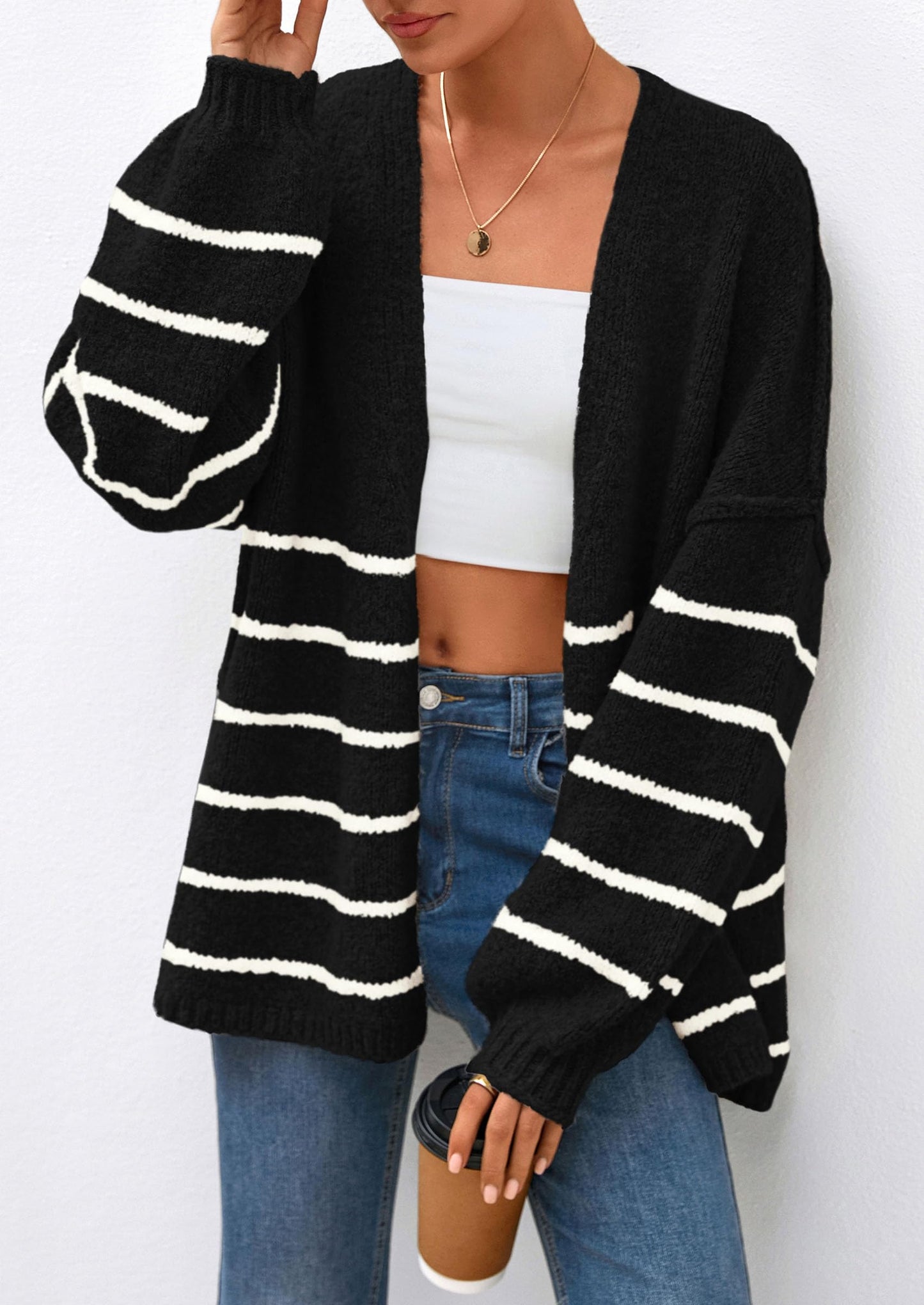 PRETTYGARDEN Womens Oversized Cardigan Sweaters Fall Long Lantern Sleeve Knit Open Front Lightweight Sweater