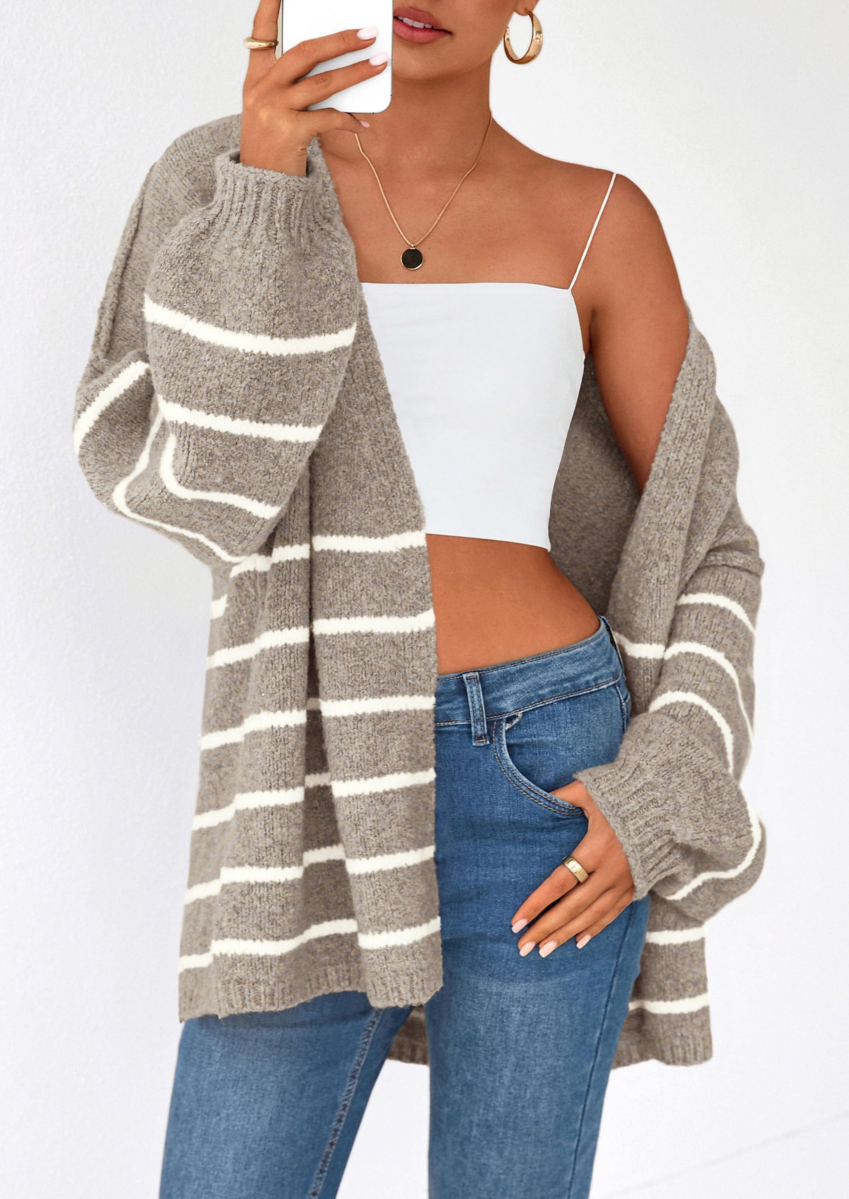 PRETTYGARDEN Womens Oversized Cardigan Sweaters Fall Long Lantern Sleeve Knit Open Front Lightweight Sweater