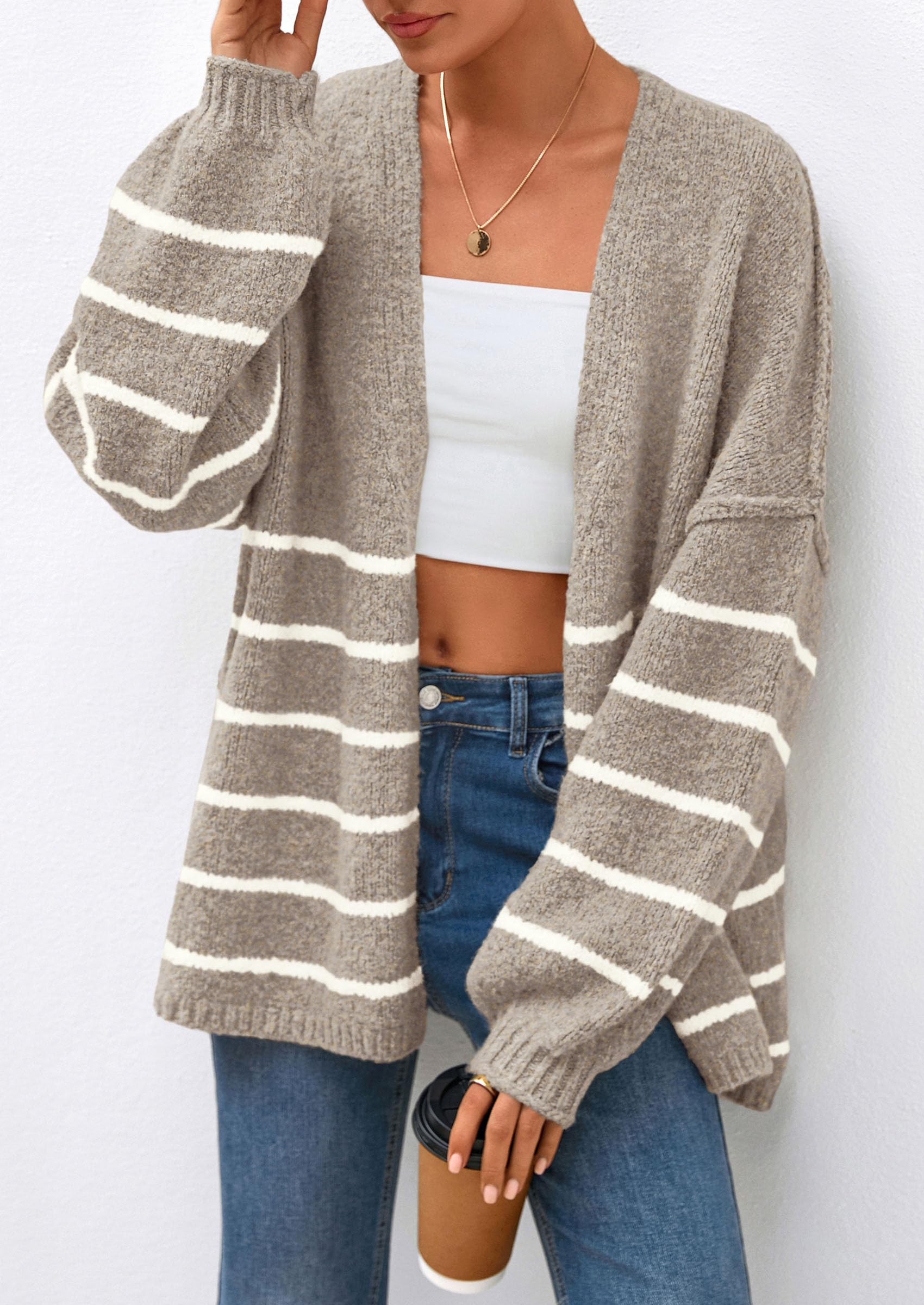 PRETTYGARDEN Womens Oversized Cardigan Sweaters Fall Long Lantern Sleeve Knit Open Front Lightweight Sweater