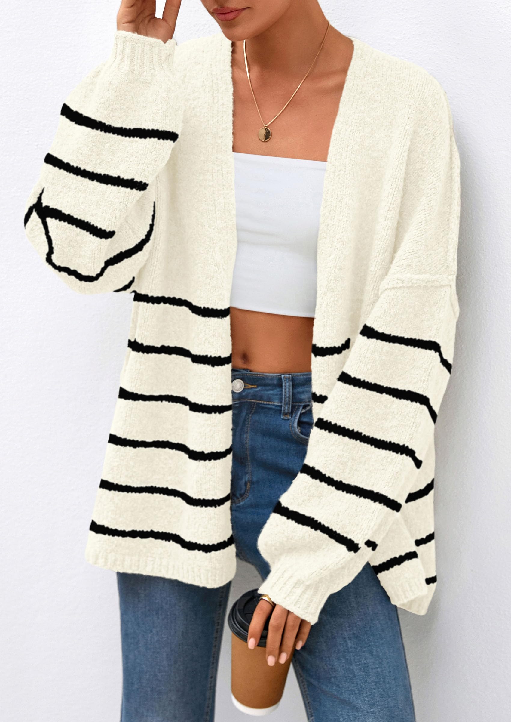 PRETTYGARDEN Womens Oversized Cardigan Sweaters Fall Long Lantern Sleeve Knit Open Front Lightweight Sweater