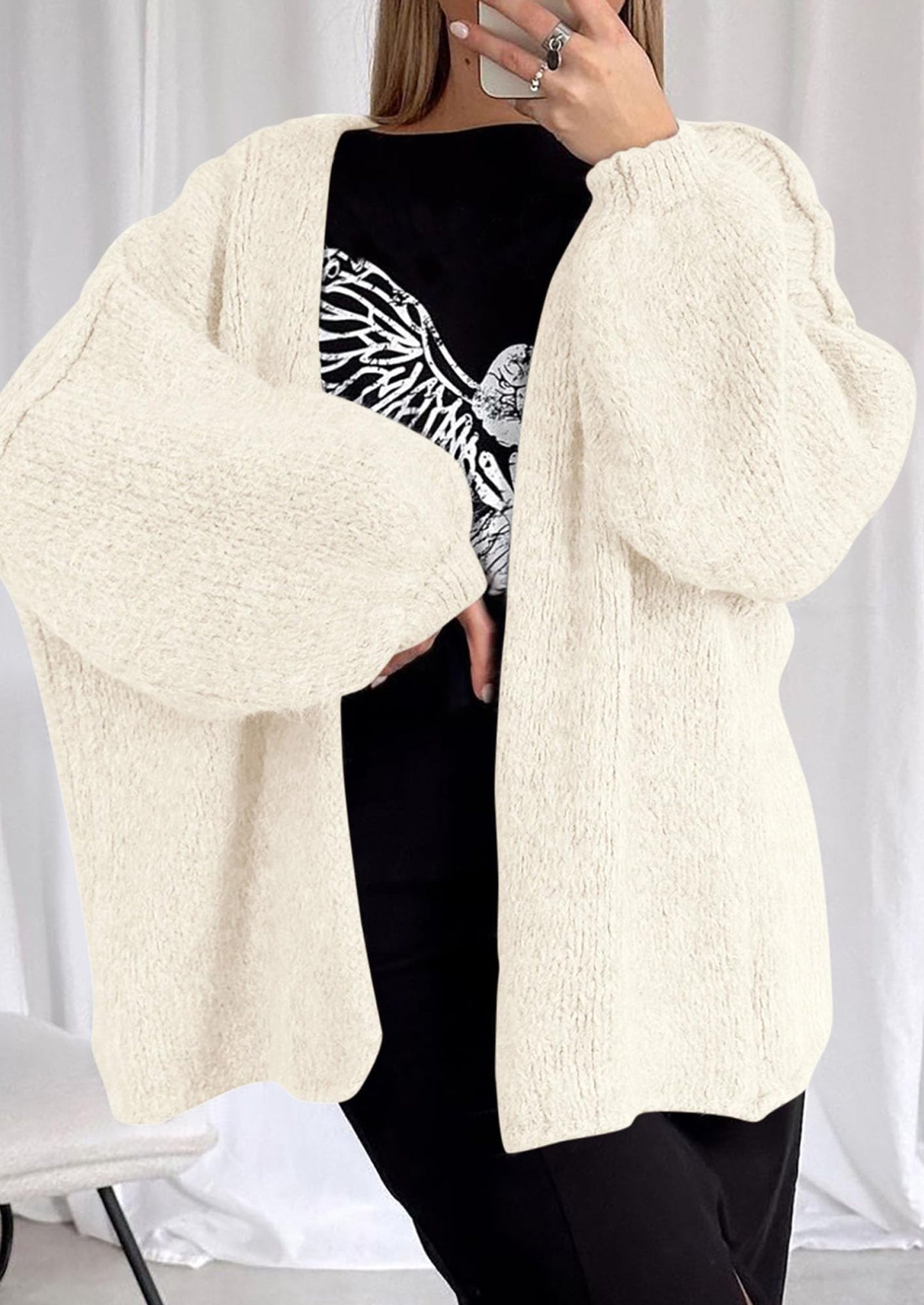 PRETTYGARDEN Womens Oversized Cardigan Sweaters Fall Long Lantern Sleeve Knit Open Front Lightweight Sweater