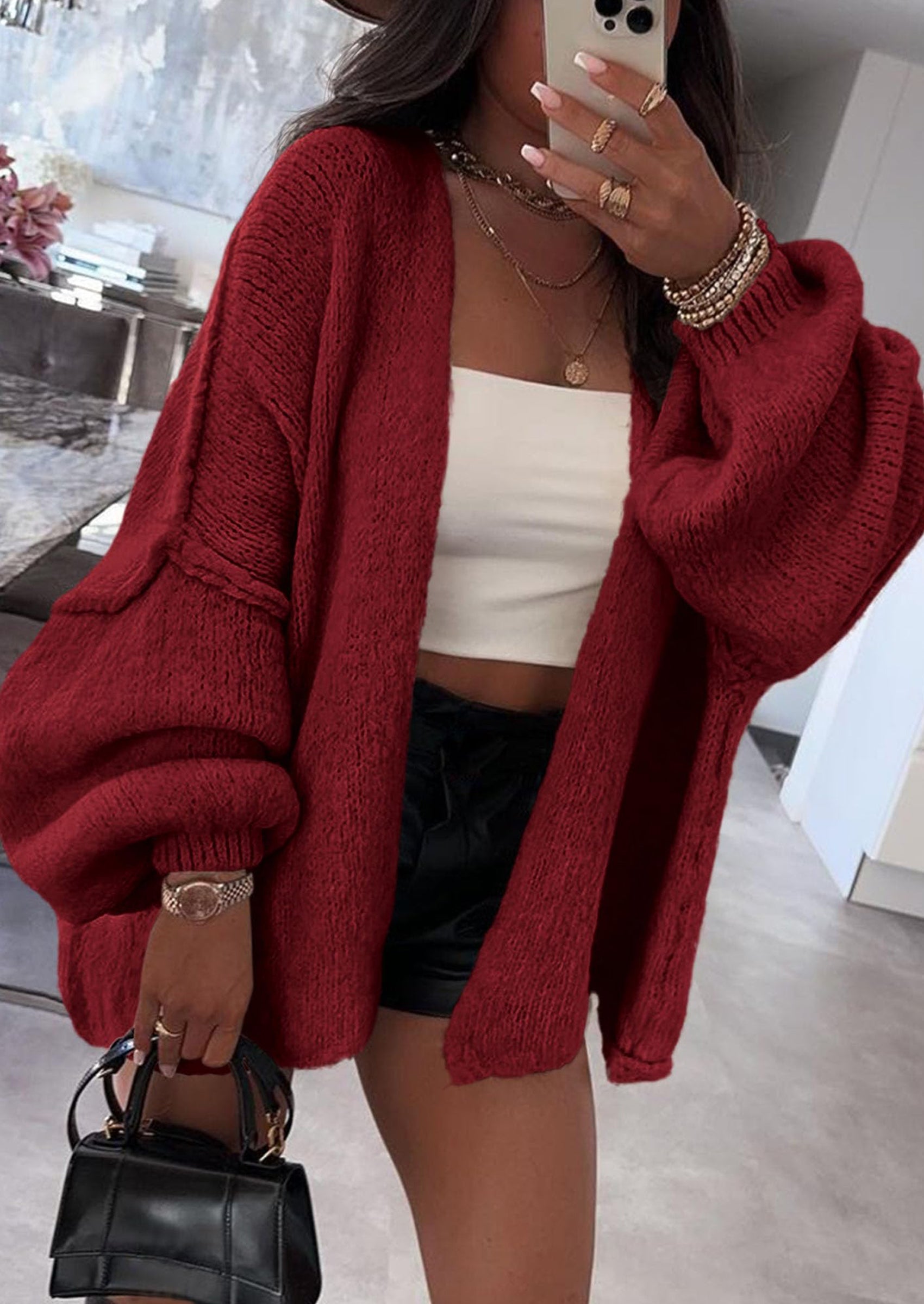 PRETTYGARDEN Womens Oversized Cardigan Sweaters Fall Long Lantern Sleeve Knit Open Front Lightweight Sweater
