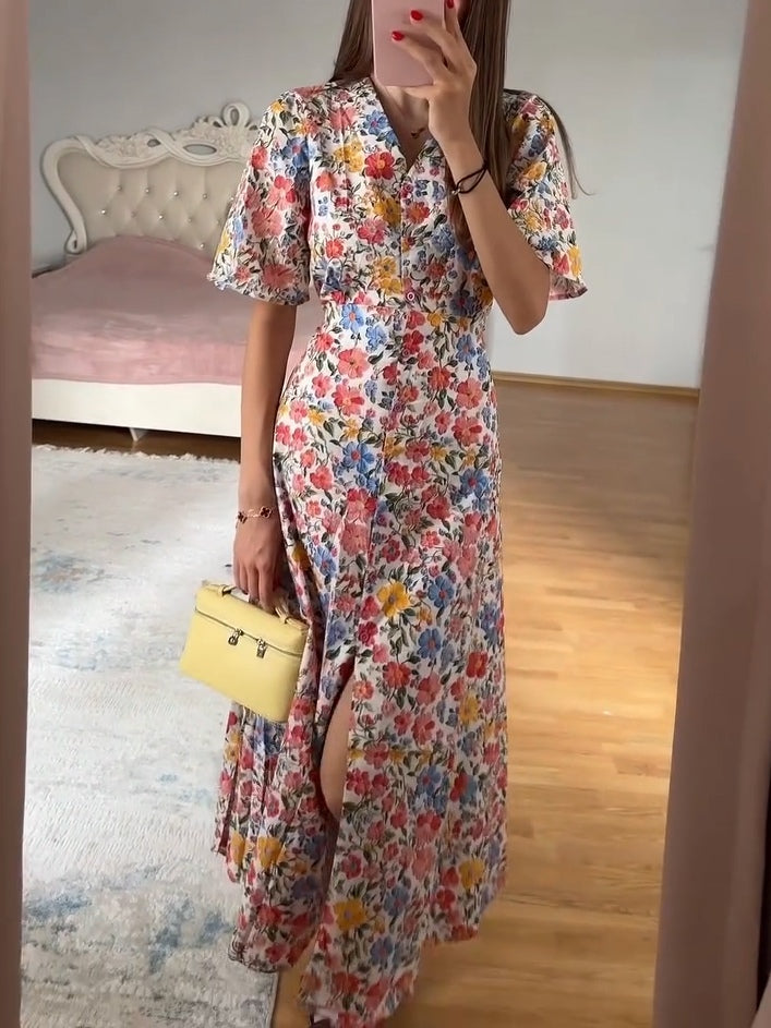 Floral Print V-Neck Button-Down Midi Dress