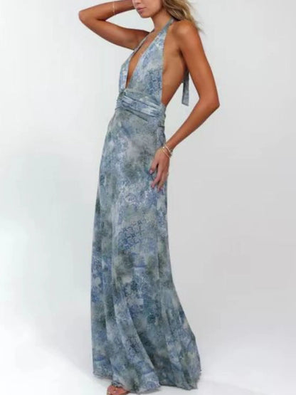 Lucy Floral Halter Neck Deep V Maxi Dress