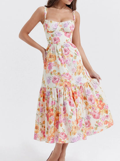 Floral Print Sweetheart Neck Midi Dress
