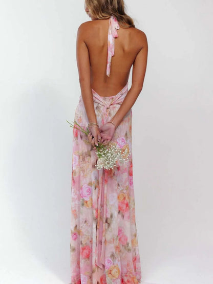 Lucy Floral Halter Neck Deep V Maxi Dress